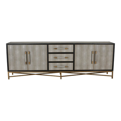 Sideboard with Drawers, Shagreen Patterned Vegan Leather, Antique-Gold Finished Legs, Grey Glass House Furnishings