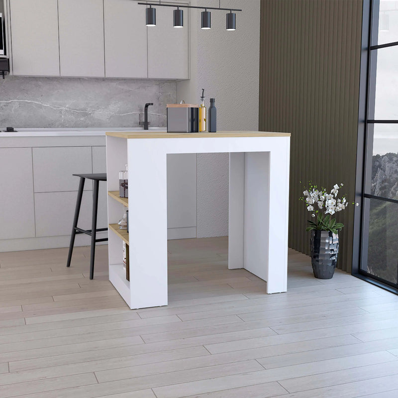Kitchen Island, Kitchen Bar Table 36' H, with 3-Side Shelves, White / Macadamia Glass House Furnishings