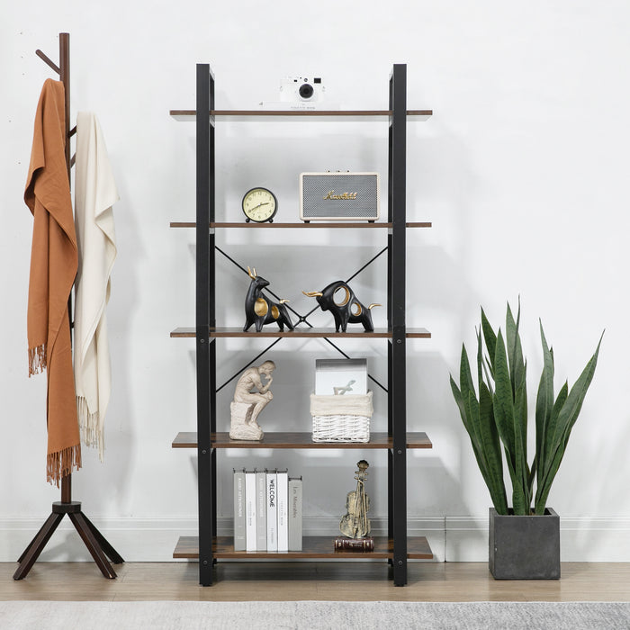 5-Tier Vintage Industrial Rustic Bookshelf, Shelf Wood & Metal Bookcase, Open Etagere, Farmhouse Wooden Bookshelves, Vintage Brown