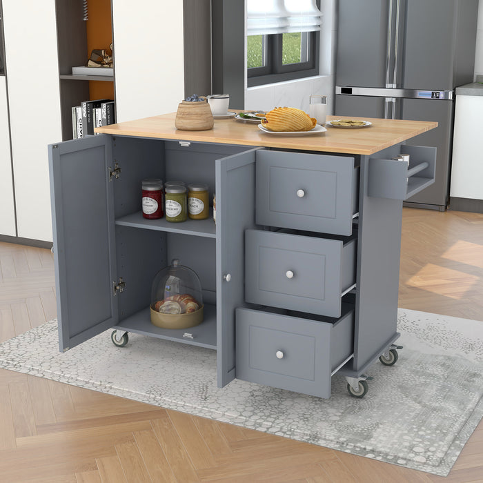 Rolling Mobile Kitchen Island with Solid Wood Top and Locking Wheels, 52.7 Inch Width, Storage Cabinet and Drop Leaf Breakfast Bar, Spice Rack, Towel Rack & Drawer - Grey Blue