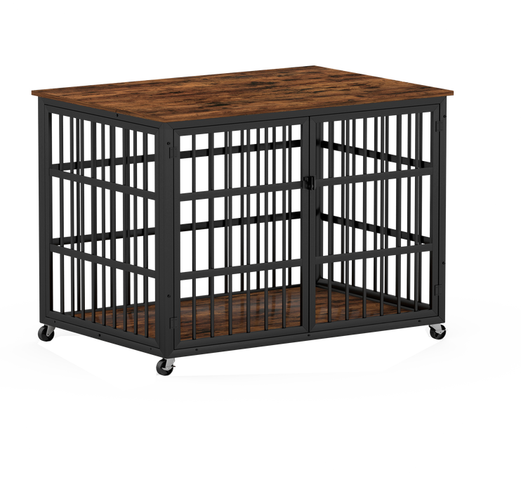 Furniture style dog crate wrought iron frame door with side openings, Rustic Brown, 43.3''W x 29.9''D x 33.5''H.