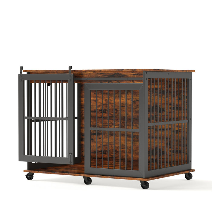 Furniture dog crate sliding iron door dog crate with mat. (Rustic Brown,43.7''W x 30''D x 33.7''H).