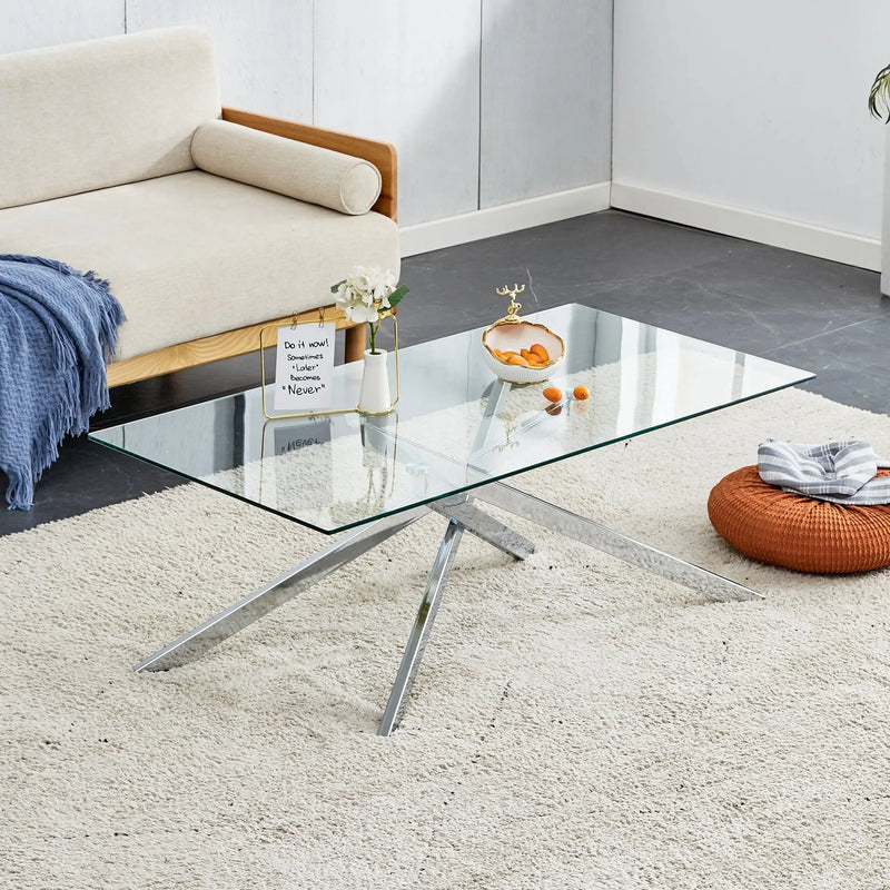 39.37' Rectangular Clear Tempered Glass Coffee Table,Stylish Design with Silver Chrome Plated Metal Legs, Coffee Table for Living Room Glass House Furnishings