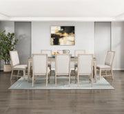 Modern Transitional Dining 9pc Set Extendable Table w 8x Side Chairs Upholstered Beige Light Gray Natural Finish Furniture Glass House Furnishings