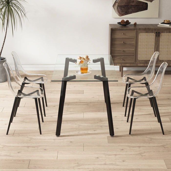 Table and chair set, transparent glass tabletop and black metal table legs, transparent plastic backrest cushion and black metal chair legs, one table with four chairs.DRT-1123  TW-1200