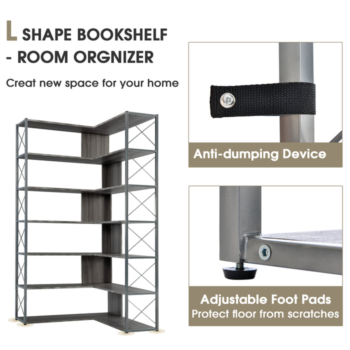 7-Tier L-Shaped Corner Bookcase, Industrial Style with Metal Frame and Open Storage Shelves, Perfect for Home Office - MDF Board, Silver + Grey