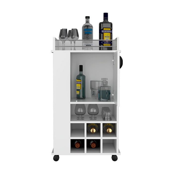 Bar Cart With Casters Reese, Six Wine Cubbies & Single Door, White