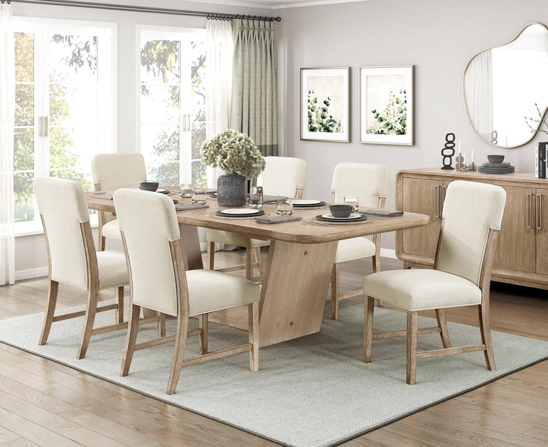 Beautiful Natural Finish Dining Set 7pc Extendable Table Upholstered Chairs Beige Modern Farmhouse Dining Room Furniture Glass House Furnishings