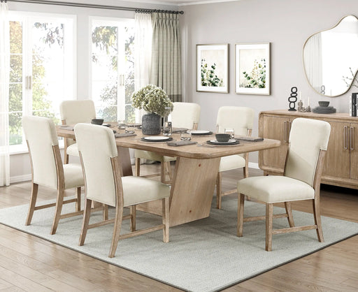 Beautiful Natural Finish Dining Set 7pc Extendable Table Upholstered Chairs Beige Modern Farmhouse Dining Room Furniture Glass House Furnishings