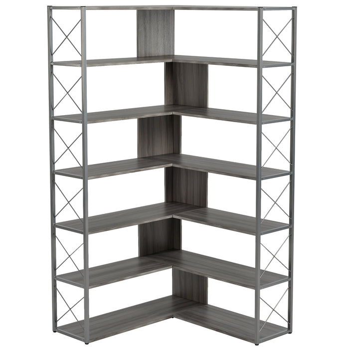 7-Tier L-Shaped Corner Bookcase, Industrial Style with Metal Frame and Open Storage Shelves, Perfect for Home Office - MDF Board, Silver + Grey