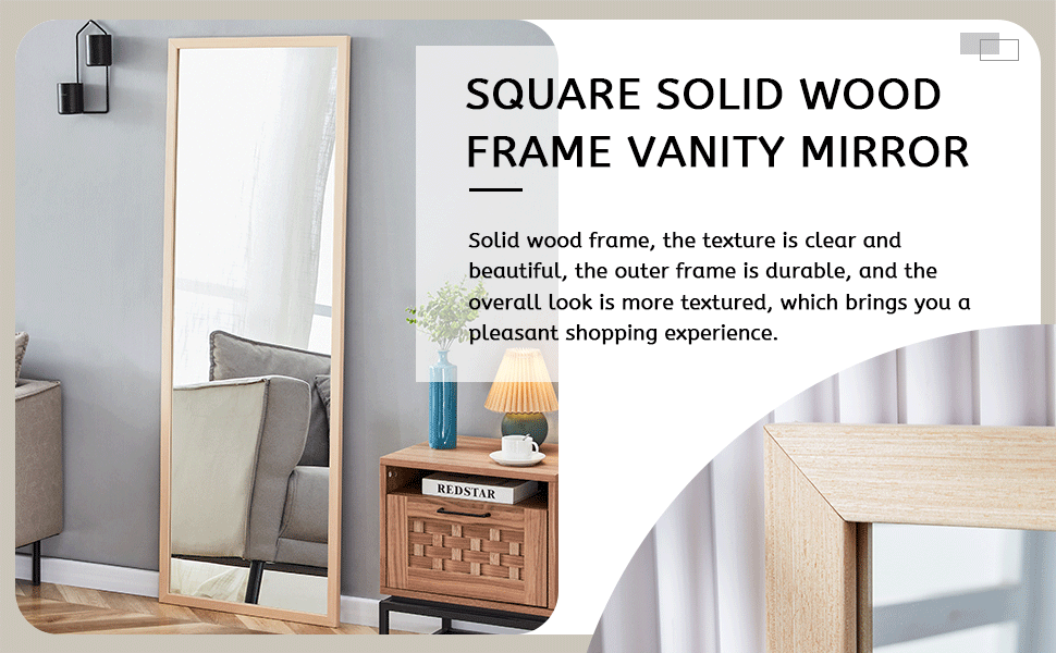 Third generation packaging upgrade, thickened border, light oak solid wood frame full length mirror, dressing mirror, bedroom entrance, decorative mirror, clothing store, mirror.65"*22.8"