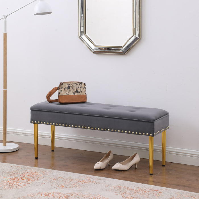 Large Storage Benches Set, Nailhead Trim 2 in 1 Combination Benches, Tufted Velvet Benches with Gold Leg for Living Room, Entryway, Hallway,  Bedroom, Grey; Support 250 lbs