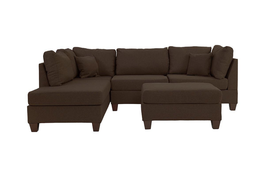 3-Piece Chocolate Color Sectional Living Room Furniture, Reversible Chaise Sofa & Ottoman Set With Polyfiber Linen-Like Fabric Cushions