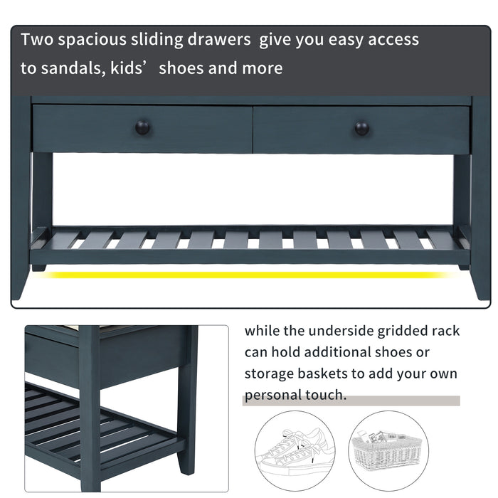 TREXM  Shoe Rack with Cushioned Seat and Drawers, Multipurpose Entryway Storage Bench, Antique Navy