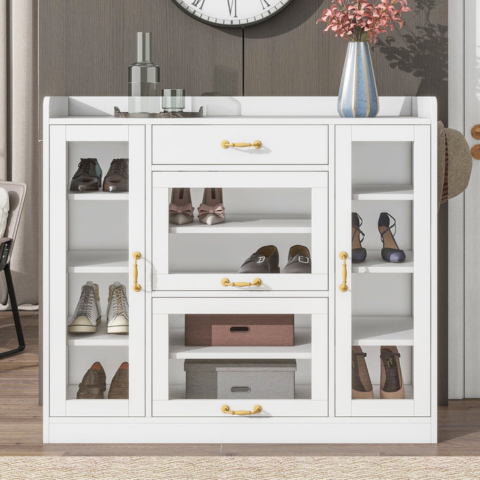 ON-TREND Modernist Side Cabinet with 4 Glass Doors & 3 Hooks, Freestanding Shoe Rack with Multiple Adjustable Shelves, Versatile Display Cabinet with Gold Handles for Hallway, Living Room, White