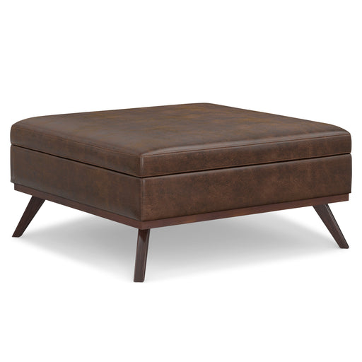 Owen Distressed Chestnut Vegan Leather Coffee Table Storage Ottoman Glass House Furnishings