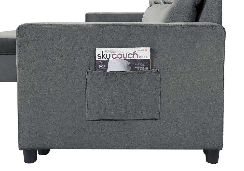 Ivy 81.5" Dark Gray Velvet Reversible Sleeper Sectional Sofa with Storage Chaise and Side Pocket