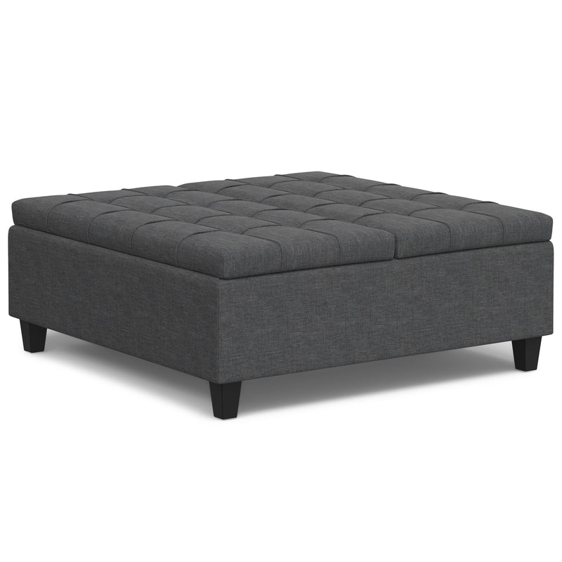 Harrison Slate Gray Linen-Look Coffee Table Storage Ottoman Glass House Furnishings