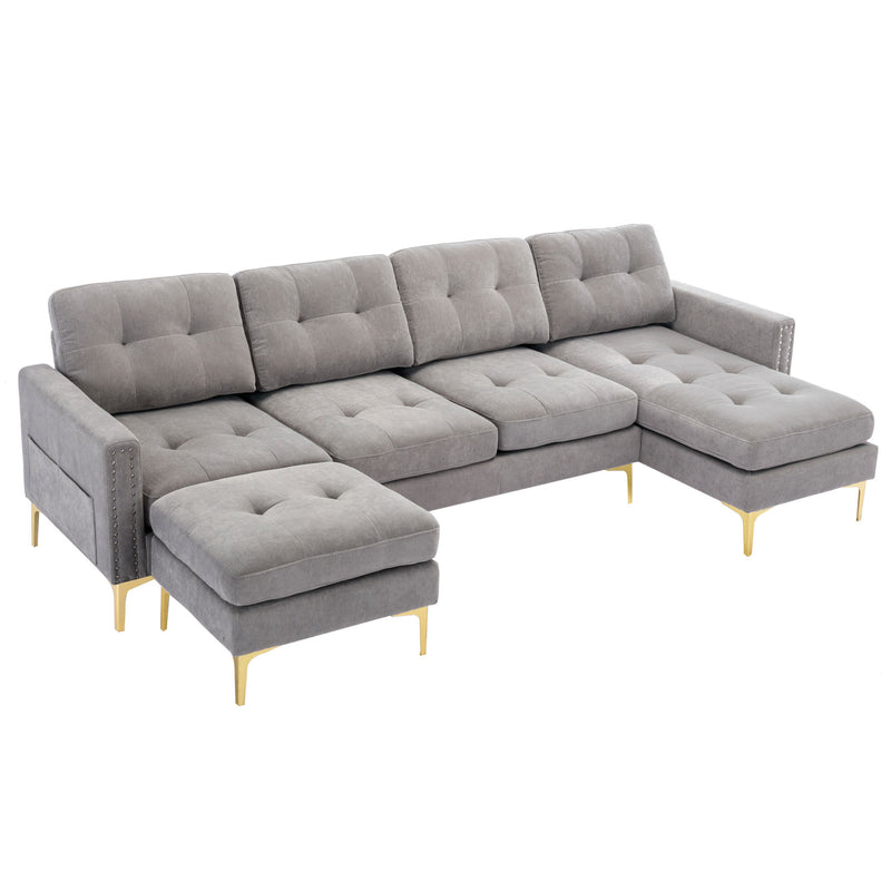 Convertible Sectional Sofa Couch with Movable Ottoman, Light Grey Velvet, 110.6' L-Shape for Living Room