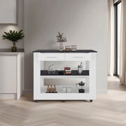 Hardy Kitchen Island, 2 Drawers, 6 Wheels, 2 Shelves, White / Black Wengue Glass House Furnishings