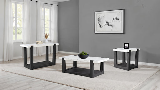 Modern contemporary Style 3pc Table Set 1x Coffee Table 1x End Table 1x Sofa Table Faux Marble Top Two Tone Design Black And White Finish Glass House Furnishings
