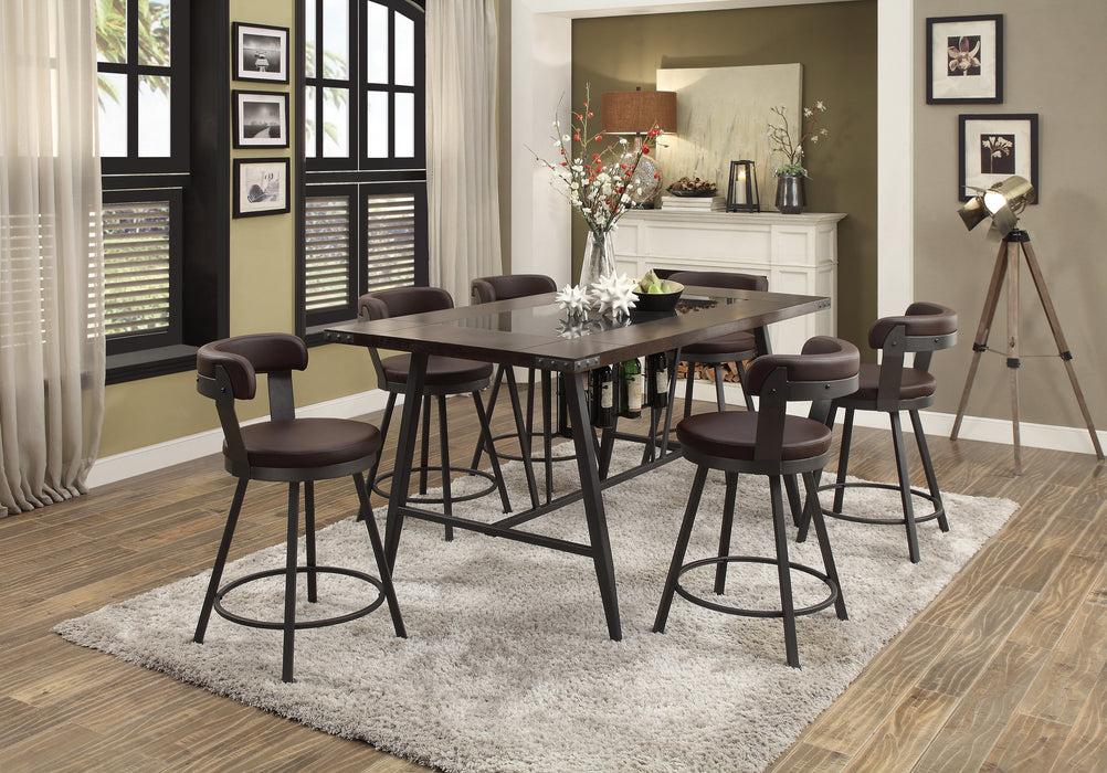 Set of 2 Metal Base 24-inch Counter Height Chairs with Brown Faux Leather Seats, 360-degree Swivel Upholstered Dining Room Furniture