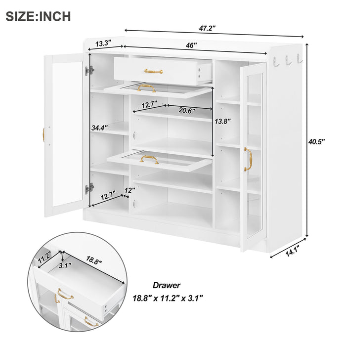 ON-TREND Modernist Side Cabinet with 4 Glass Doors & 3 Hooks, Freestanding Shoe Rack with Multiple Adjustable Shelves, Versatile Display Cabinet with Gold Handles for Hallway, Living Room, White