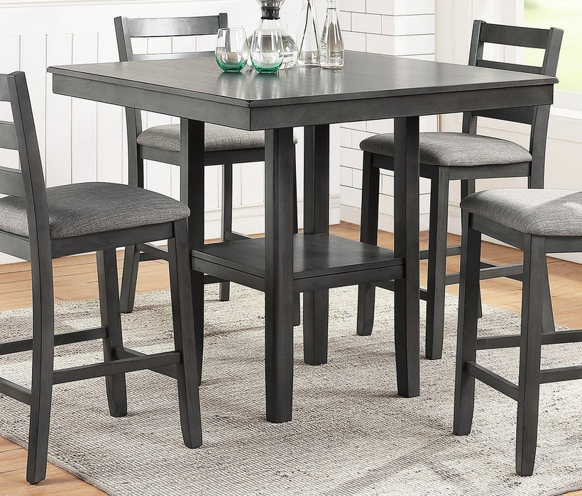 Counter Height 5-Piece Set Classic Dining Room Furniture, Gray Finish Square Dining Table With Shelves, Cushion Seat Ladder Back High Chairs - Solid Wood