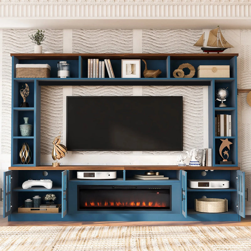 U-Can 95.5' W Wall Unit Entertainment Center with Bookshelves for TVs up to 80', Modern TV Stand Media Console with electric fireplace  Cabinets,  and Adjustable Shelves for Living Room Glass House Furnishings