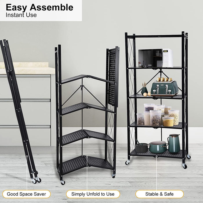 HealSmart 5-Tier Heavy Duty Foldable Metal Rack Storage Shelving Unit with Wheels Moving Easily Organizer Shelves Great for Garage Kitchen Holds up to 1250 lbs Capacity, Black