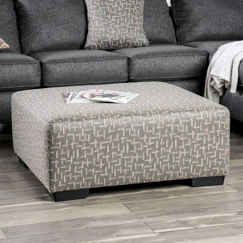 Hudson Gray Upholstered Ottoman with Box Cushion and Block Legs Glass House Furnishings