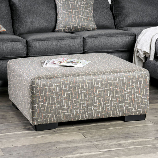 Hudson Gray Upholstered Ottoman with Box Cushion and Block Legs Glass House Furnishings