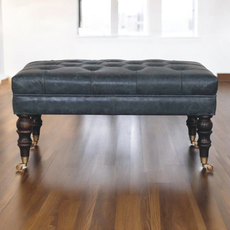 Sterling Teal Buffalo Leather Ottoman with Castor Legs Glass House Furnishings