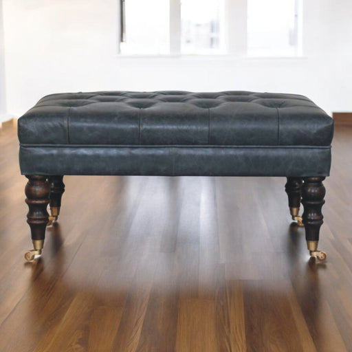 Sterling Teal Buffalo Leather Ottoman with Castor Legs Glass House Furnishings
