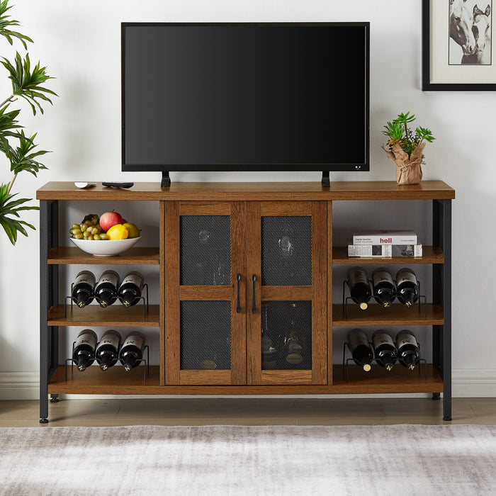 Industrial Wine Bar Cabinet, Liquor Storage Credenza, Sideboard with Wine Racks & Stemware Holder, Hazelnut Brown (55.12''W x 13.78''D x 30.31''H)