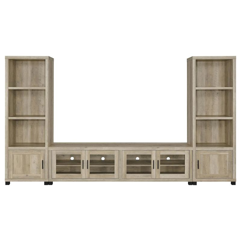 Heron Antique Pine 3-Piece TV Entertainment Center in Distressed Pine with Glass Front Storage, Engineered Wood Construction Glass House Furnishings