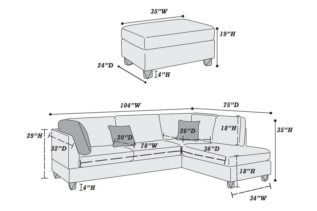 3-Piece Chocolate Color Sectional Living Room Furniture, Reversible Chaise Sofa & Ottoman Set With Polyfiber Linen-Like Fabric Cushions