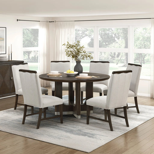Modern Brown Finish Dining Set 7pcs Round Table and 6x Side Chairs Beige Upholstered Comfort Durable Metallic Accent Base Table Wooden Furniture Glass House Furnishings