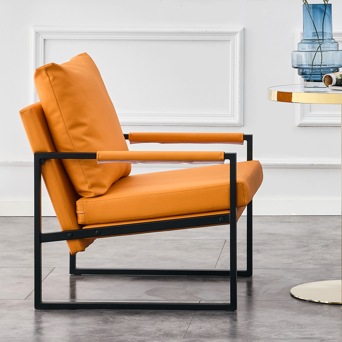 Mid Century PU Leather Accent Armchair, Upholstered Sofa Chair with Metal Frame, Extra-Thick Padded Backrest, and Seat Cushion - Comfortable Foam Padding - Ideal for Living Room and Home, Orange