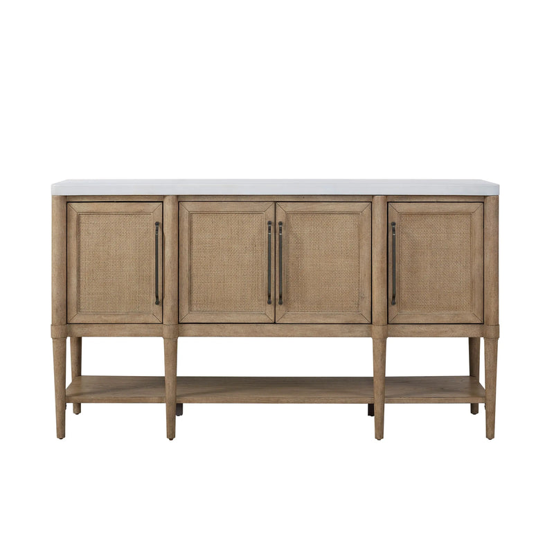 Transitional Casual Cement Topped Server with Cane Insets and Sand Finish, Solid Wood+MDF, 68x18x39.25 inches Glass House Furnishings