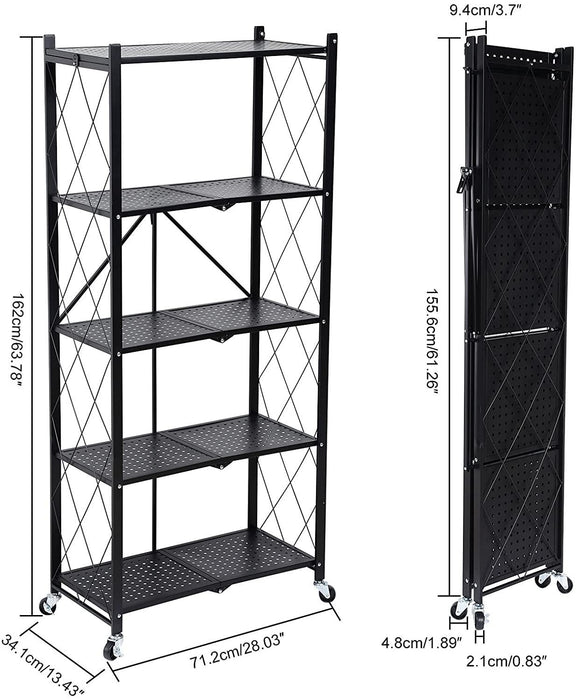 HealSmart 5-Tier Heavy Duty Foldable Metal Rack Storage Shelving Unit with Wheels Moving Easily Organizer Shelves Great for Garage Kitchen Holds up to 1250 lbs Capacity, Black