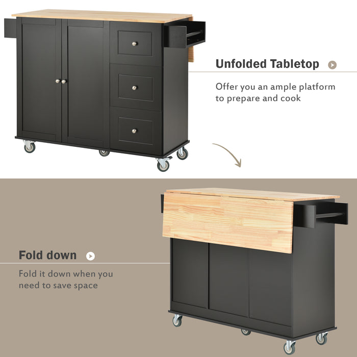 Rolling Mobile Kitchen Island with Solid Wood Top and Locking Wheels, with 52.7 Inch Width, Storage Cabinet, and Drop Leaf Breakfast Bar, including Spice Rack, Towel Rack & Drawer, Black