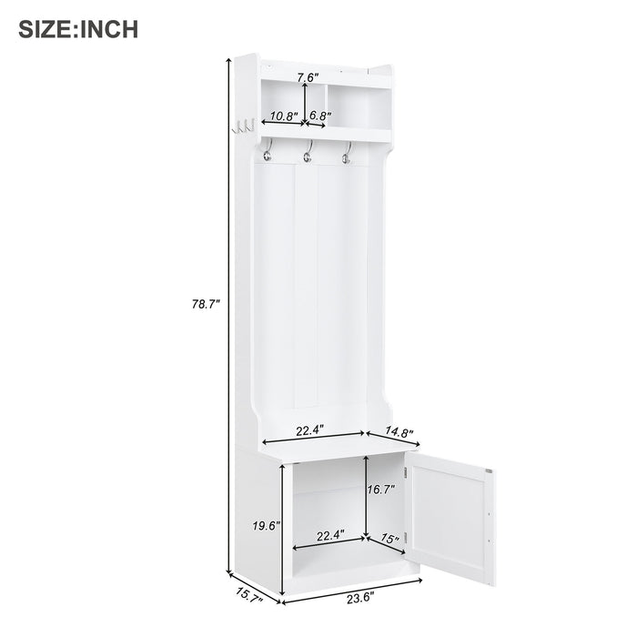 ON-TREND Minimalist Slim Hall Tree with Cabinet & 6 Hanging Hooks, Multi-functional Storage Bench with Coat Rack, Elegant Foyer Cabinet for Hallway, Living room, White