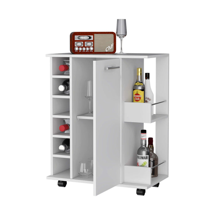 Woodland Bar Cart with Casters, Wine Rack and Open Shelf, White