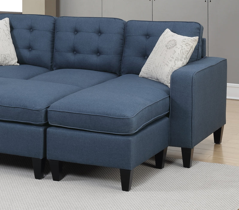 3-Piece Reversible Sectional Sofa Set with Navy Tufted Polyfiber, Wood Legs, Chaise Sofa, Ottoman, Pillows, and Cushion Couch