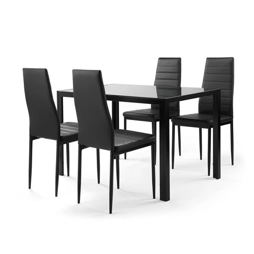 Modern 5-Piece Dining Table Set for 4 with Tempered Glass and Faux Leather Chairs in Black Glass House Furnishings