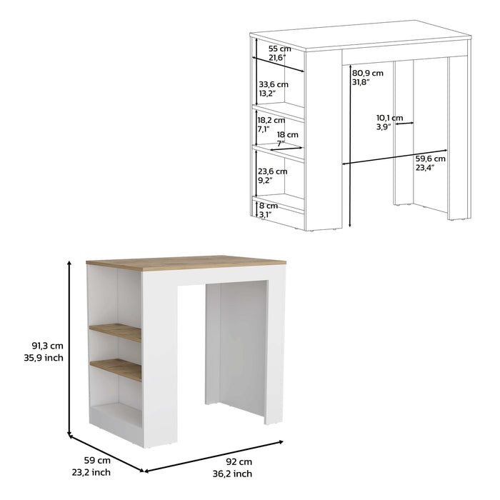 Kitchen Island, Kitchen Bar Table 36" H, with 3-Side Shelves, White / Macadamia