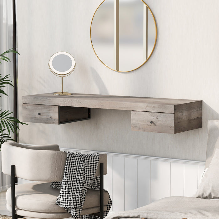 GO 47.2" Wall-mounted Vanity Desk, Floating Vanity Shelf with Drawers, Dressing Table With Wooden Sticker,Computer Table Desk, Home Office Desk, Log Gray