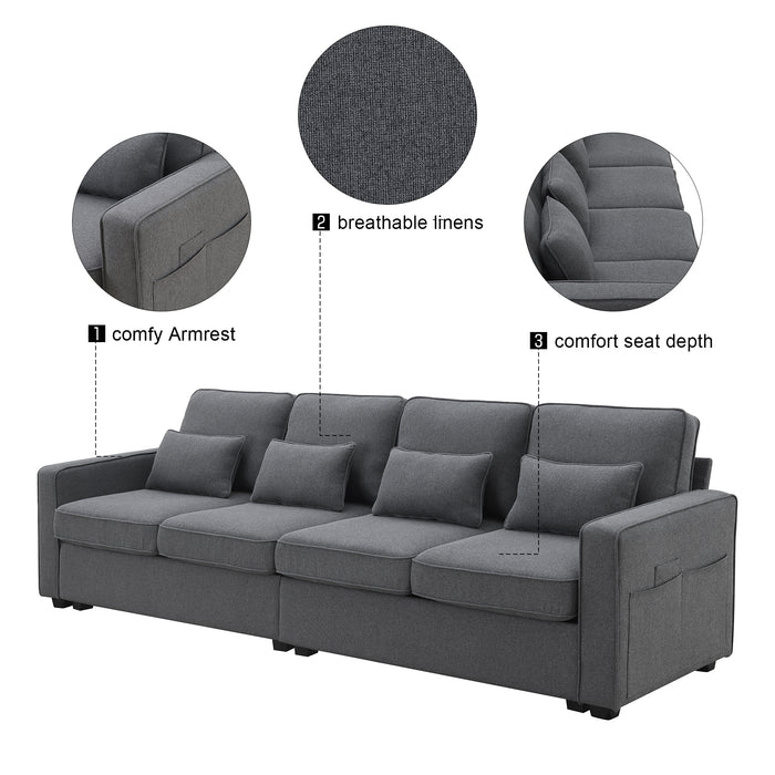 [VIDEO provided] [New] 104" 4-Seater Modern Linen Fabric Sofa with Armrest Pockets and 4 Pillows,Minimalist Style Couch for Living Room, Apartment, Office,3 Colors