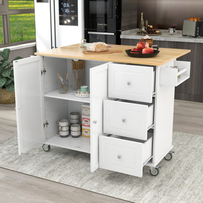 Rolling Mobile Kitchen Island with Solid Wood Top and Locking Wheels, 52.7 Inch Width, Storage Cabinet and Drop Leaf Breakfast Bar, Spice Rack, Towel Rack & Drawer, White